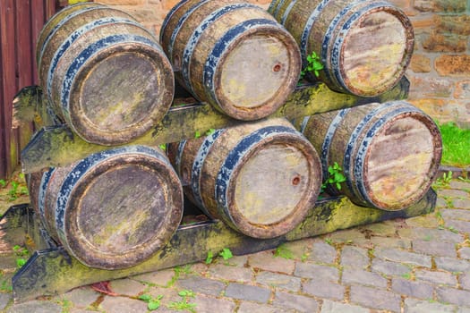 Oak barrel or wine barrel used to store beer and wine in a brewery.