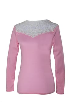 Pink fashion blouse. A pink autumn or spring blouse for women with white lace on a mannequin isolated on white background. Women‘s fashion.