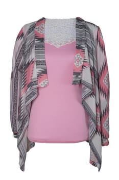 Fashionable autumn or spring clothes isolated on a white background. A female pink blouse with lace and an open colorful jacket on mannequin. Women fashion.