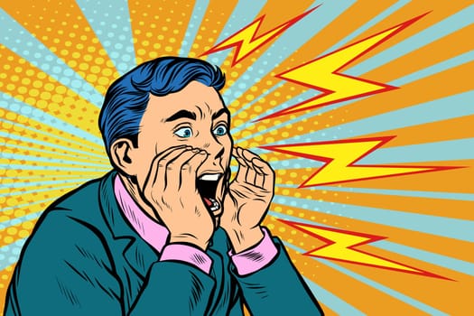 Man screaming calling, pop art retro vector illustration kitsch vintage