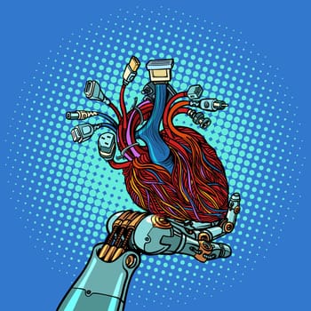 cyber heart in robot hand. Pop art retro vector illustration vintage kitsch