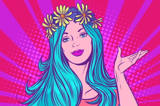 Spring girl with a wreath on her head. Pop art retro vector illustration vintage kitsch