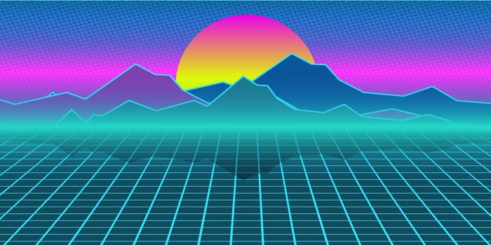 Cyberpunk retro computer background. Mountains, plain and sun. Pop art vector illustration vintage kitsch