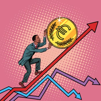 African American man roll a euro coin up. Pop art retro vector illustration vintage kitsch