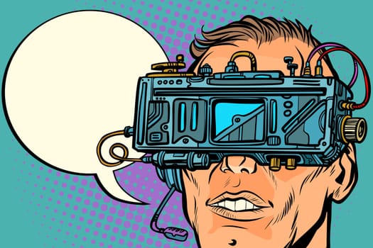 man face with glasses virtual reality. Pop art retro vector illustration vintage kitsch