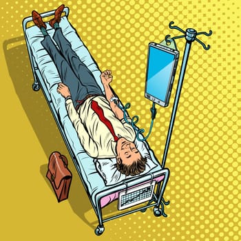 Dependency on gadgets concept. Man under medical dropper. Pop art retro vector illustration vintage kitsch