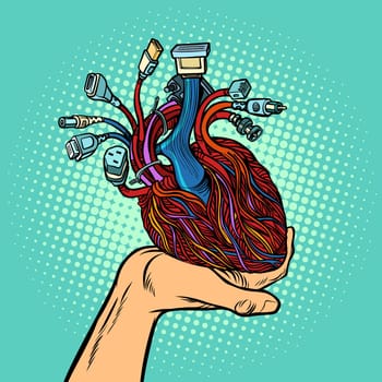 cyber heart in human hand. Pop art retro vector illustration vintage kitsch