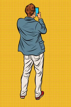 Man with smartphone back. Pop art retro vector illustration vintage kitsch