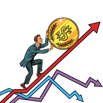 businessman roll a USA dollar coin up. isolate on white background. Pop art retro vector illustration vintage kitsch