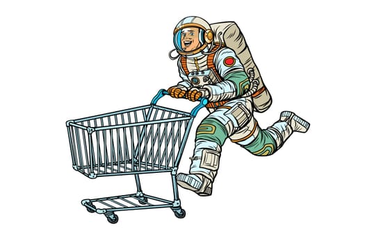 Astronaut in the store with a shopping cart. Isolate on white background. Pop art retro vector illustration vintage kitsch