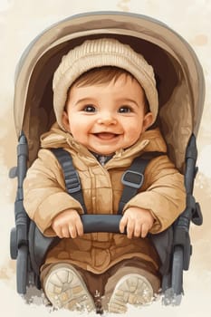 Bright sunlight fills the park as a joyful baby sits in a stroller, dressed warmly in a beige jacket and a knitted hat. Their cheerful smile radiates happiness, creating a heartwarming scene.