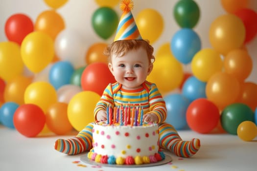 A joyful baby is sitting in a cheerful environment filled with bright balloons. The little one wears a striped outfit and a party hat while reaching for a decorated cake with lit candles, enjoying the birthday celebration.
