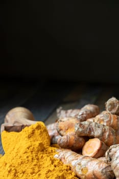 Scoop of turmeric powder and turmeric roots, vertical orientation with copy space
