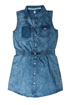Children clothes. Sleeveless blue jeans dress for child girl isolated on a white background. Jeans fashion.