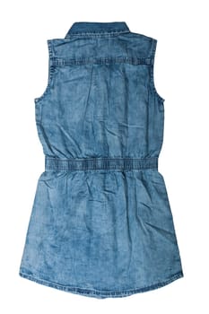 Children clothes. Sleeveless blue jeans dress for child girl isolated on a white background. Jeans fashion. Back site.