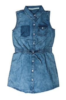 Children clothes. Sleeveless blue jeans dress for child girl isolated on a white background. Jeans fashion.