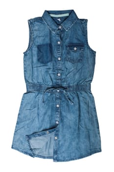 Children clothes. Sleeveless blue jeans dress for child girl isolated on a white background. Jeans fashion.