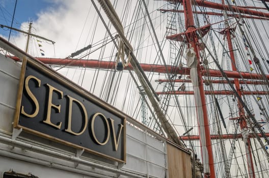 TALLINN, ESTONIA - SEPTEMBER 23, 2018. The Russian barque "Sedov"" sail training vessel in Tallinn port."