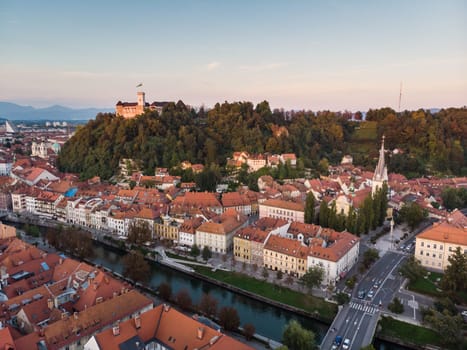 Aerial panoramic view of Ljubljana, capital of Slovenia at sunset.
