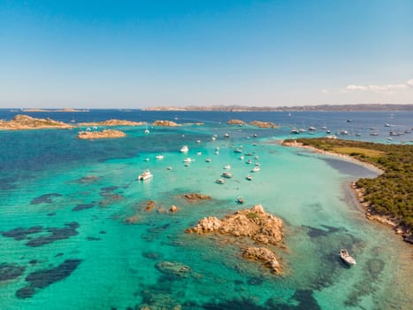Drone aerial view of Razzoli, Santa Maria and Budelli islands in Maddalena Archipelago, Sardinia, Italy. Maddalena Archipelago is a group of islands between Corsica and north-eastern Sardinia.