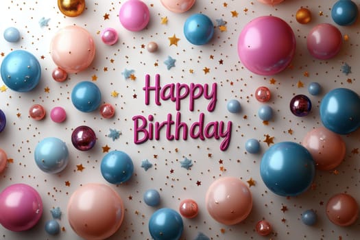 A cheerful arrangement showcases colorful balloons in various sizes and hues scattered across a festive background. Glittering stars and confetti add to the joyous atmosphere, perfect for a birthday celebration.