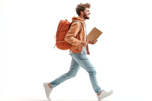 A young man strides with purpose in a bright studio environment, holding a book in one hand and a backpack slung over his shoulder. Dressed in casual clothing, he exudes a sense of confidence and energy.