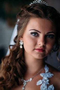 Stylish luxury gorgeous bride standing against the window