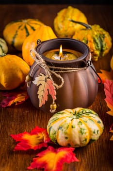 Thanksgiving and Halloween pumpkins still life