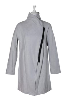 Woman clothes. Stylish gray long winter coat on mannequin isolated on a white background. Women winter fashion.