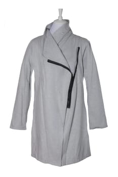 Woman clothes. Stylish gray long winter coat on mannequin isolated on a white background. Women winter fashion.