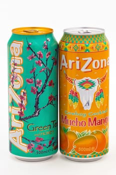 HUETTENBERG, GERMANY- JULY 6, 2018: Aluminium cans of Arizona soft drink on white background