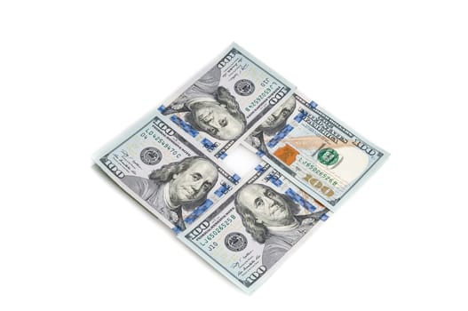 One hundred American dollars stacked in a square on a white background.