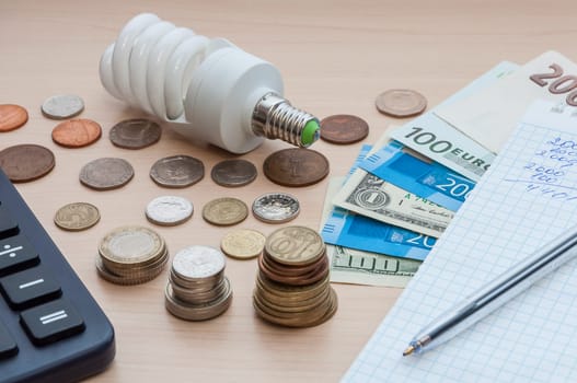 A light bulb, a notebook with a pen, bills, various money and a calculatore.