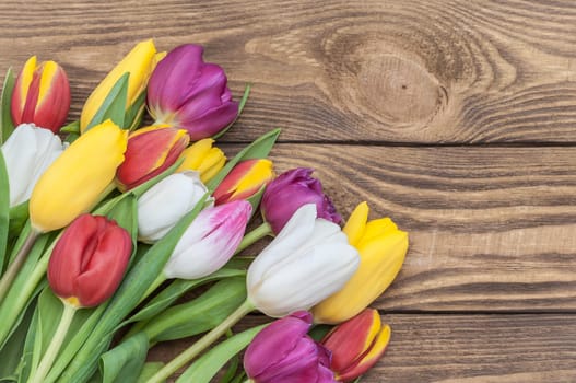 Many multicolored tulips form a frame on a wood background.