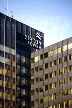 Wiesbaden, Germany - September 25, 2018: The mirrored glass facade of the modern skyscraper and office building Zircon Tower on September 25, 2018 in Wiesbaden...