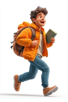 A young student with curly hair is energetically running outdoors. Dressed in an orange jacket, jeans, and sneakers, he carries a book in one hand while wearing a cheerful expression, suggesting excitement and enthusiasm for learning.