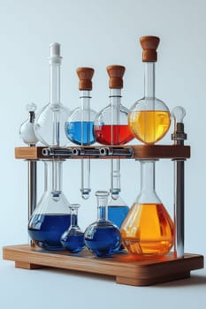 A collection of laboratory glassware featuring flasks and beakers filled with vibrant blue, red, yellow, and orange liquids is arranged neatly on a wooden stand.
