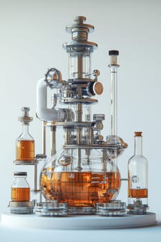 A sophisticated laboratory setup presents a distillation apparatus composed of glass and metal components, featuring amber liquid. This setup emphasizes the intricate design and functionality for chemical processes in a well-lit environment.