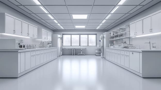 A spacious laboratory features white cabinetry and stainless steel surfaces, creating a clean and organized workspace. Large windows allow natural light, enhancing the environment for scientific research and experiments.