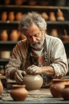 A seasoned potter meticulously molds a lump of clay into a beautiful pot on a wheel. He works in a rustic workshop filled with various handmade pottery pieces while warm afternoon light filters through the space.