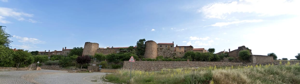 Panoramic view of the imposing walls of the historical medieval village of Castelo Rodrigo, Portugal