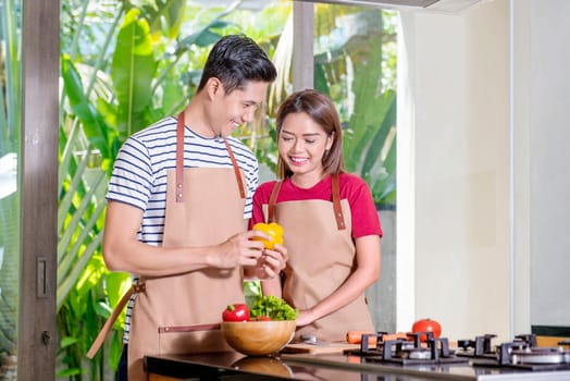 Smiling asian couple cooking for lunch in the kitchen