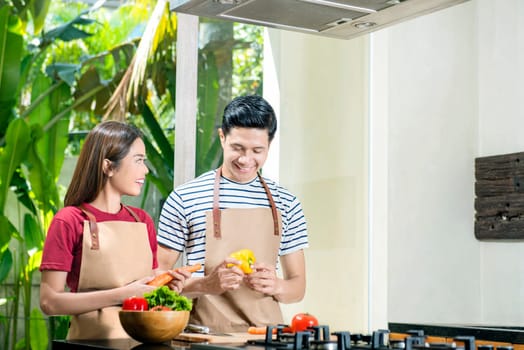 Happy asian couple preparing vegetables ingredients for cooking on the kitchen
