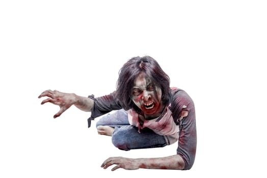 Portrait of asian zombie man crawling with hands posing isolated over white background