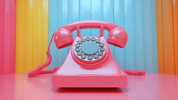 A retro-style pink rotary telephone occupies the center of a vibrant setting with colorful vertical stripes in blue and yellow. The classic design and bold hues create a playful and nostalgic atmosphere, inviting memories of simpler times.