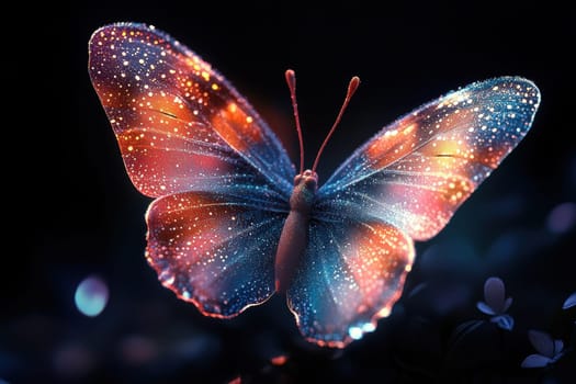 A vibrant butterfly showcases its intricate patterns and colors, shimmering with twinkling lights against a dark background. The tranquil atmosphere creates a sense of calm, highlighting nature's beauty at dusk.