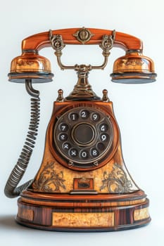 Vintage rotary telephone with a beautiful wooden body and detailed brass accents is placed against a light, neutral backdrop. The rotary dial is visible, exuding a sense of nostalgia and craftsmanship.