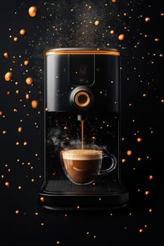 Hot coffee is flowing from a sleek espresso machine into a transparent glass cup. Dark coffee and golden droplets create an energetic atmosphere, showcasing the allure of morning rituals in a contemporary kitchen.