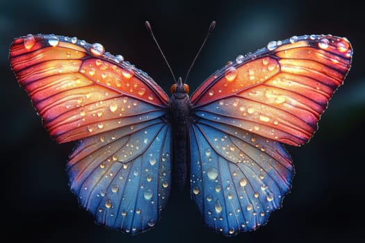 A vibrant butterfly displays striking orange and blue wings adorned with dewdrops. It rests gently on a leaf, illuminated by soft morning light. The delicate droplets enhance the colors, showcasing nature's beauty.