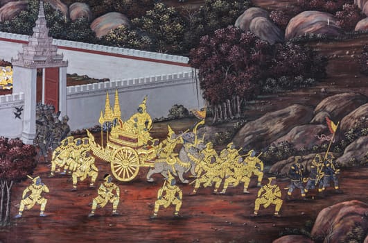 BANGKOK, THAILAND - DECEMBER 29, 2017:Ancient Thai mural painting of Ramakien epic inside of Wat Phra Kaew in Bangkok, Thailand.Ramakien is national epic of Thailand derived from Hindu Ramayana epic.
